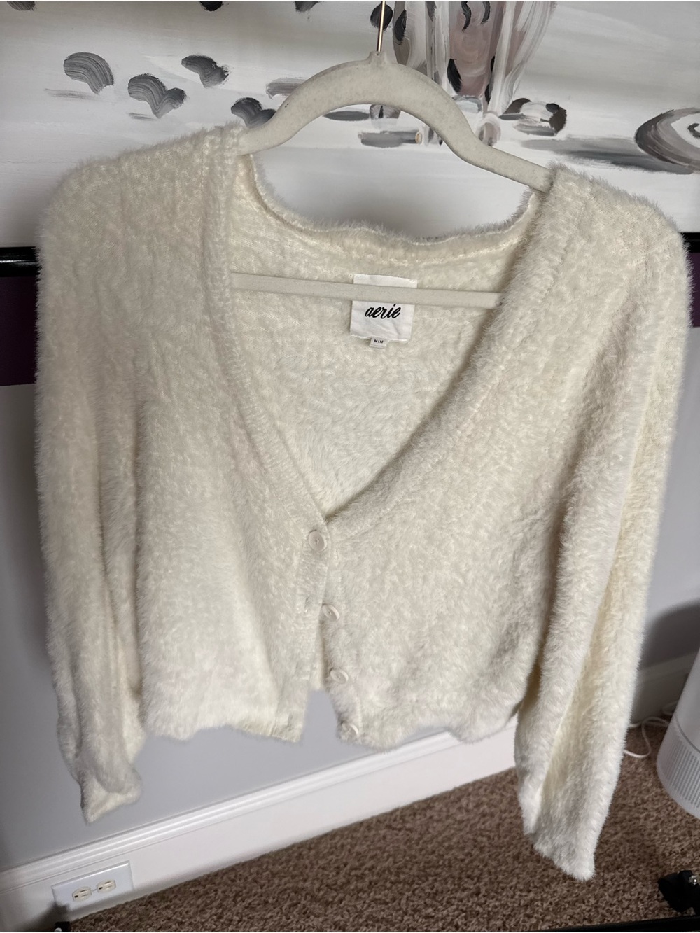 aerie Cream Fuzzy V-Neck Button-Front Cardigan